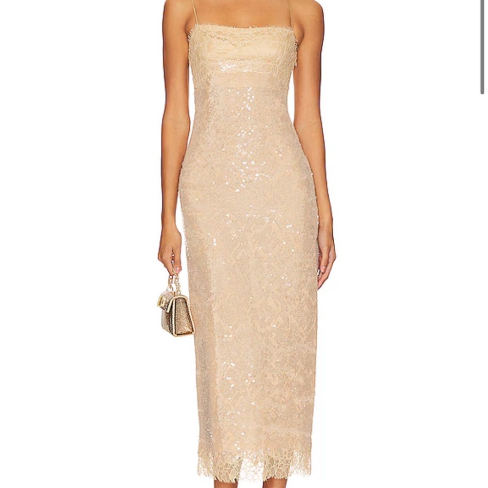 SIMKHAI Valentina Slip Dress in Ginger Root blush silk sequin lace midi dresss